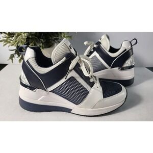 Michael Kors Wedge Sneakers Navy White‎ Leather Accents Size 5.5